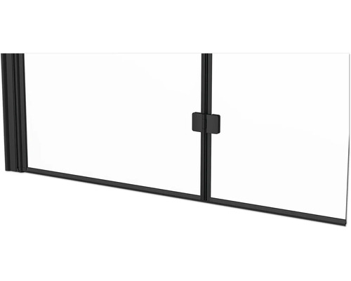 Detailaanzicht van een douchecabine met zwart frame en handgreep