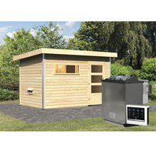 Sauna met saunakachel en bedieningspaneel in de tuin