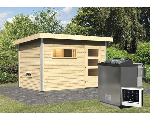 Sauna met saunakachel en bedieningspaneel in de tuin