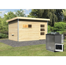 Buitensauna met saunakachel in de tuin
