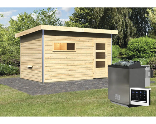 Buitensauna met saunakachel in de tuin
