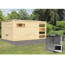 Buitensauna met kachel en bediening in de tuin