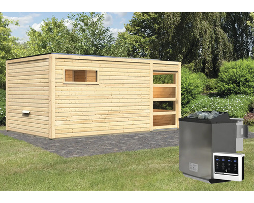 Buitensauna met kachel en bediening in de tuin
