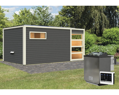 Sauna met saunakachel in de tuin