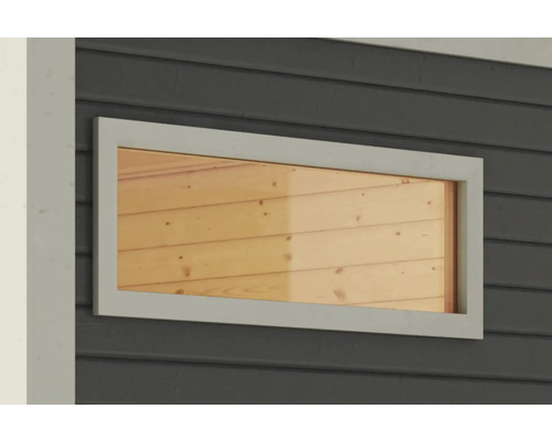 Rechthoekig raam met houten frame in een donkere houten muur