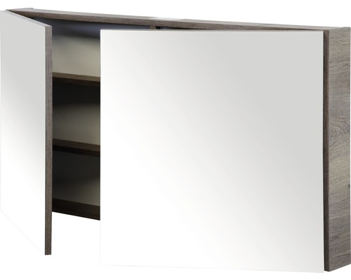 Geopende spiegelkast met planken