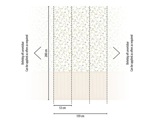 Afmetingen van behang inclusief lengte 280 cm, breedte 53 cm en totale breedte 159 cm