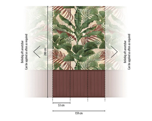 Wandafbeelding met tropische planten en maataanduidingen voor de bevestiging