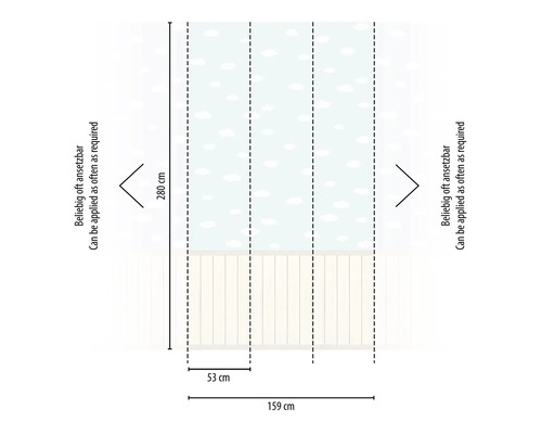Afmetingen van een behang: 280 cm hoog, 159 cm breed, 53 cm patroon