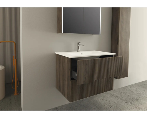 Badkamer met wastafelonderkast, wastafel, spiegelkast en hoge kast