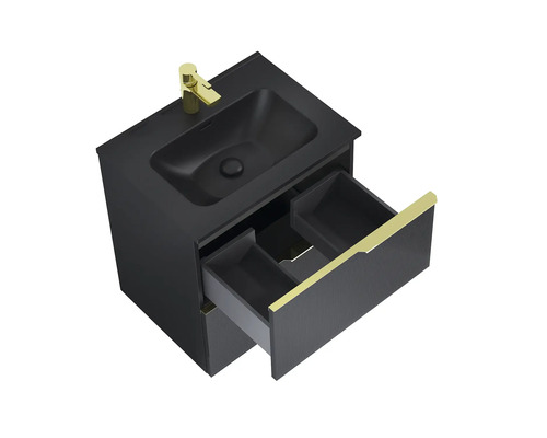 Wastafelmeubel met open lade en goudkleurige kraan