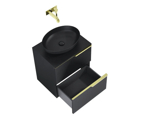 Wastafelmeubel met zwarte opzetwastafel en goudkleurige kraan