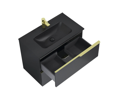 Zwarte wastafelonderkast met twee laden en goudkleurige handgrepen