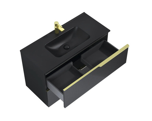 Wastafel met onderkast, open lade en kraan