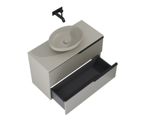 Wastafelcombinatie met opzetwastafel en open lade en wandarmatuur