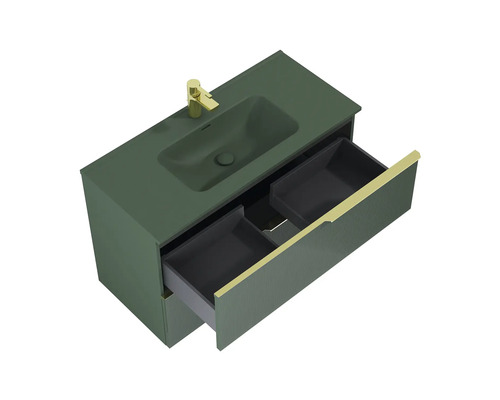 Wastafelonderkast met open lade en ingebouwde wastafel