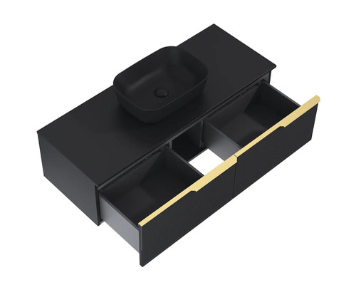 Wastafelonderkast met opzetwastafel en open laden