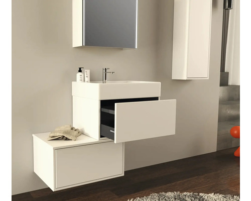 Moderne badkamer met wastafelonderkast, spiegelkast en hoge kast voor een stijlvolle ambiance