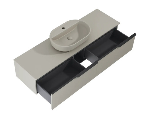 Wastafelmeubel met lades en opzetwastafel in de badkamer