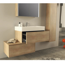 Moderne badkamer met wastafel, onderkast, spiegelkast en hoge kast voor een stijlvolle ambiance