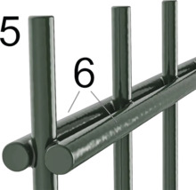Detailopname van een metalen hek met verticale staven en horizontale stijlen.