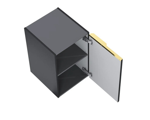 Hangende keukenkast met open deur en twee planken