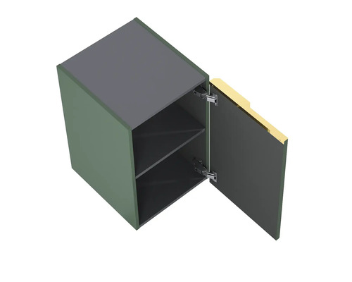 Hangende keukenkast met open deur en twee planken