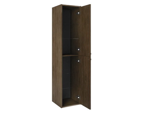 Hoge kast met twee open deuren en glazen legplanken