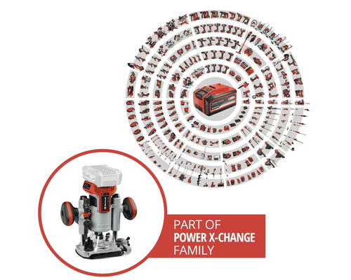 Einhell bovenfrees als onderdeel van de Power X-Change familie, weergegeven met andere gereedschappen en een batterij