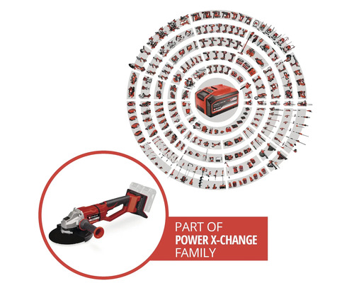 Einhell accuslijper uit de Power X-Change familie met accu en een selectie van andere apparaten.