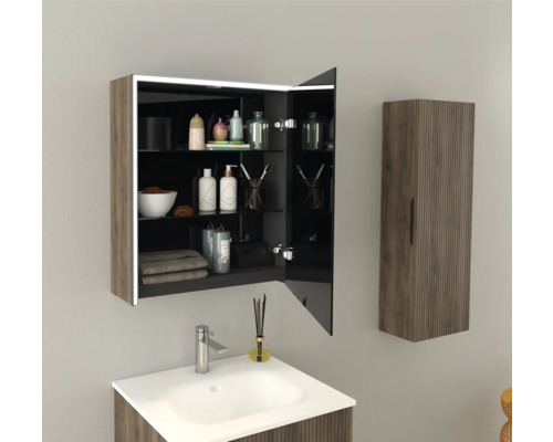 Badkameroverzicht met wastafel, spiegelkast met open deur en extra hangkast.