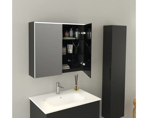 Badkamer met wastafelonderkast, spiegelkast en hoge kast