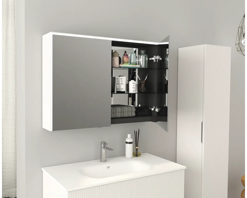 Badkameropstelling met wastafel, spiegelkast en hoge kast voor een georganiseerde sfeer