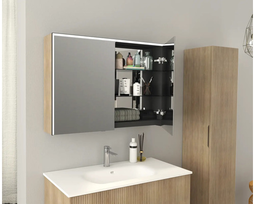 Badkamer met wastafel, spiegelkast en hoge kast