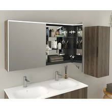 Badkamer met dubbele wastafel, spiegelkast met verlichting en hangkast