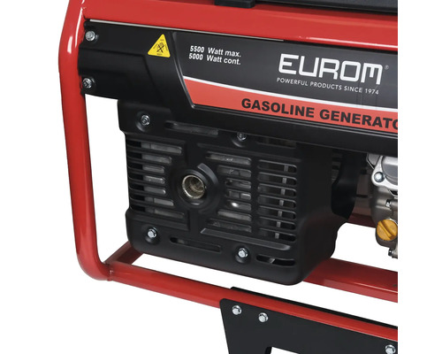 Detailopname van een Eurom benzinegenerator met 5500 watt maximaal vermogen en 5000 watt continu vermogen
