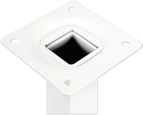 Gedetailleerd beeld van een witte tafelpoten met vierkante montageplaat en boorgaten