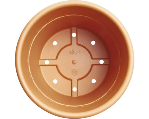 Binnenaanzicht van een ronde kunststof bloempot met drainagegaten