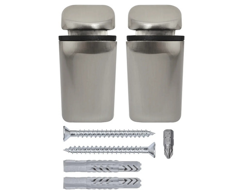 Twee glasklemmen met schroeven, pluggen en bit.