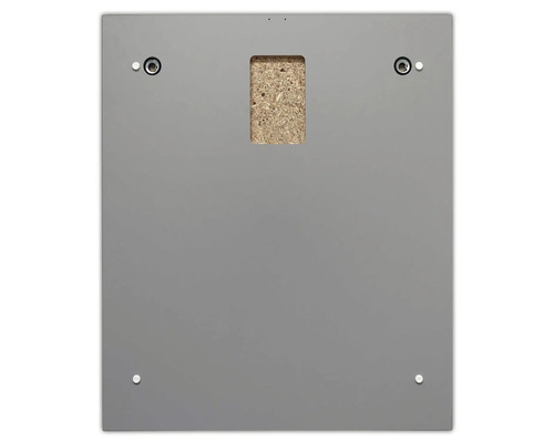 Achterkant van een rechthoekige plaat met bevestigingsgaten en uitsparing voor ophanging