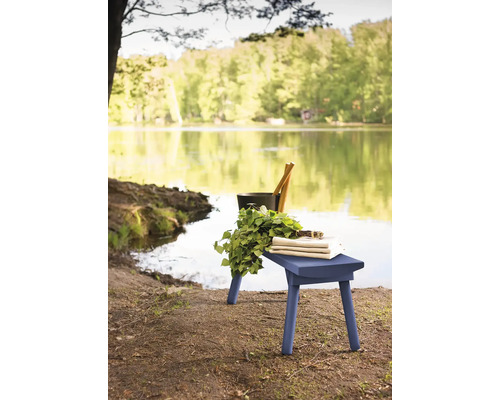 Scène met kruk, berkenboomtak, emmer en pollepel aan het meer