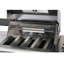 Roestvrijstalen barbecue met grillrooster en warmteverdelers.