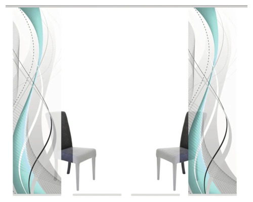 Paneelgordijnen met abstract patroon en stoelen