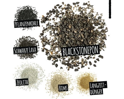 Afbeelding van verschillende substraten voor planten: plantenkolen, zwarte lava, zeoliet, puimsteen, meststof met lange werking en blackstonepon