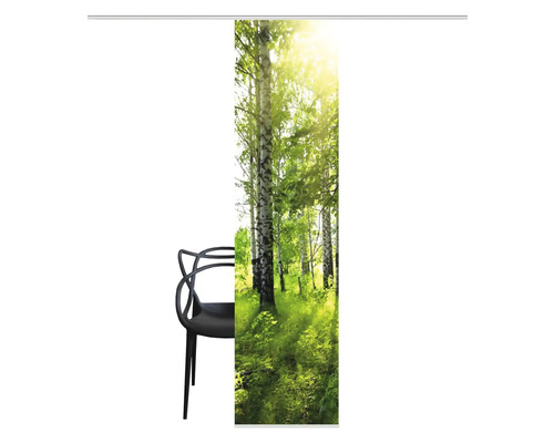 Schuifgordijn met berkenbosmotief en zwarte stoel