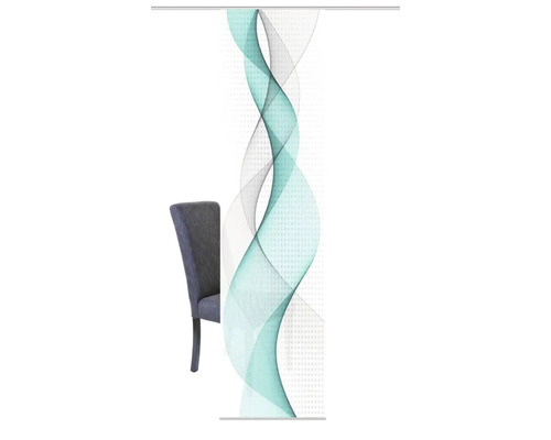 Rolgordijn met abstract golfpatroon naast een stoel