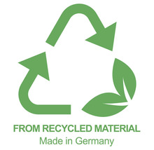 Recyclesymbool met de tekst: Van gerecycled materiaal. Gemaakt in Duitsland.