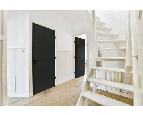 Hal met trap en zwarte binnendeuren