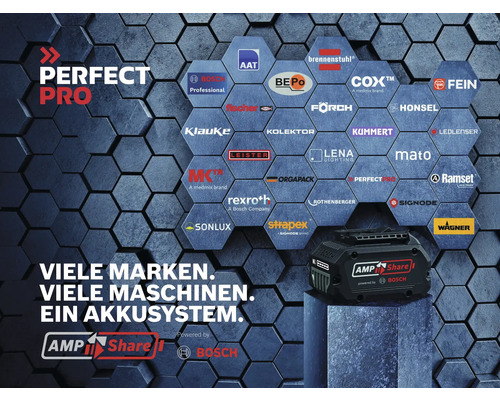 Veel merken, veel machines, één accusysteem met de logo''s van Bosch, Brennenstuhl, Fein, Förch, Klauke, Ledlenser, Orgapack, Perfect Pro, Ramset, Rothenberger, Signode en Wagner