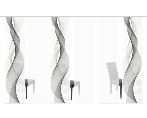 Schuifgordijn met abstract golfpatroon en gedeeltelijke stoelweergave